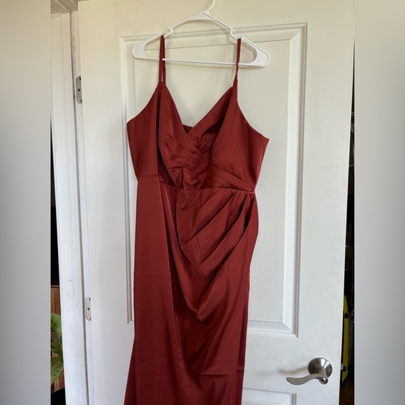 Azazie Maci Stretch Satin Terracotta Bridesmaid Dress - Picture 4 of 5